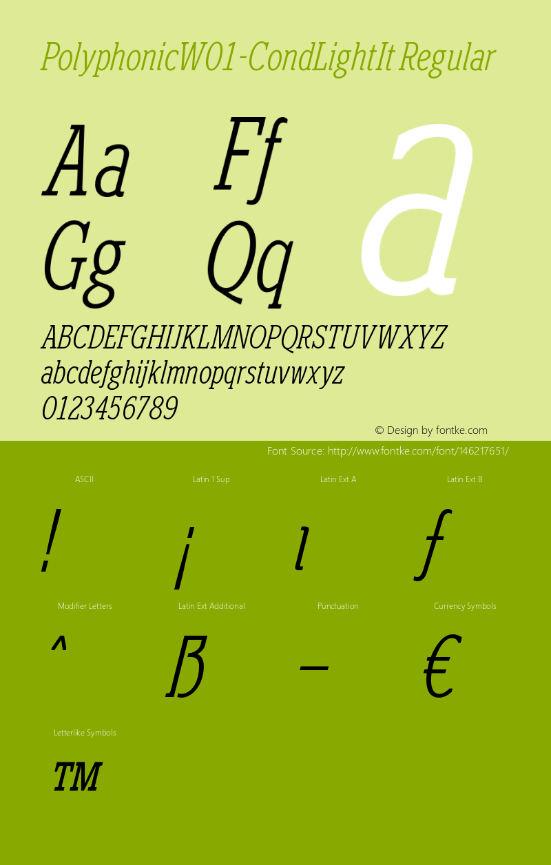 Polyphonic W01 Cond Light It Version 1.00 Font Sample