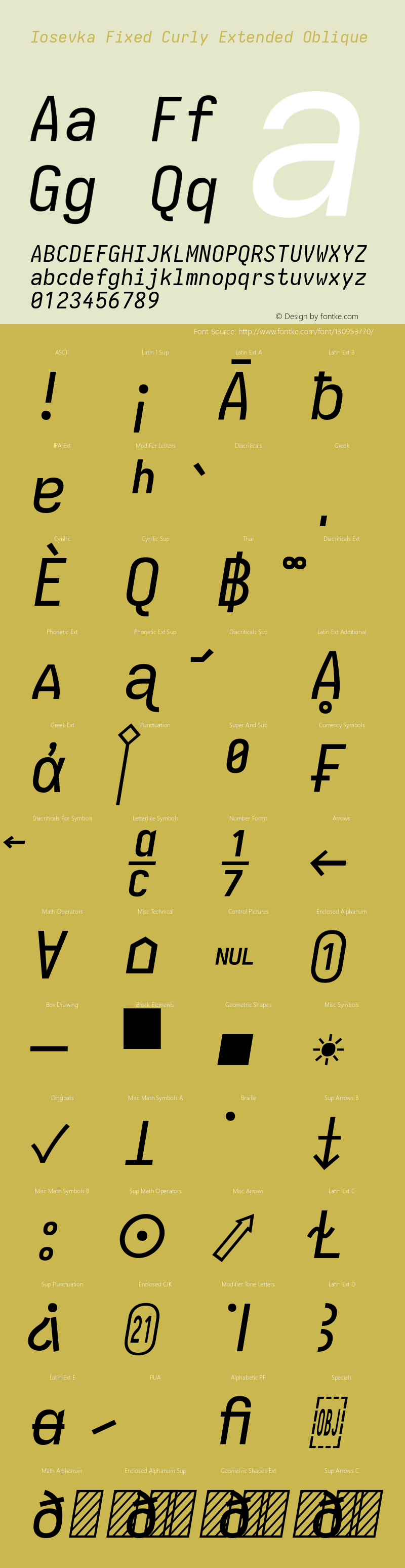 Iosevka Fixed Curly Extended Oblique Version 5.0.8 Font Sample