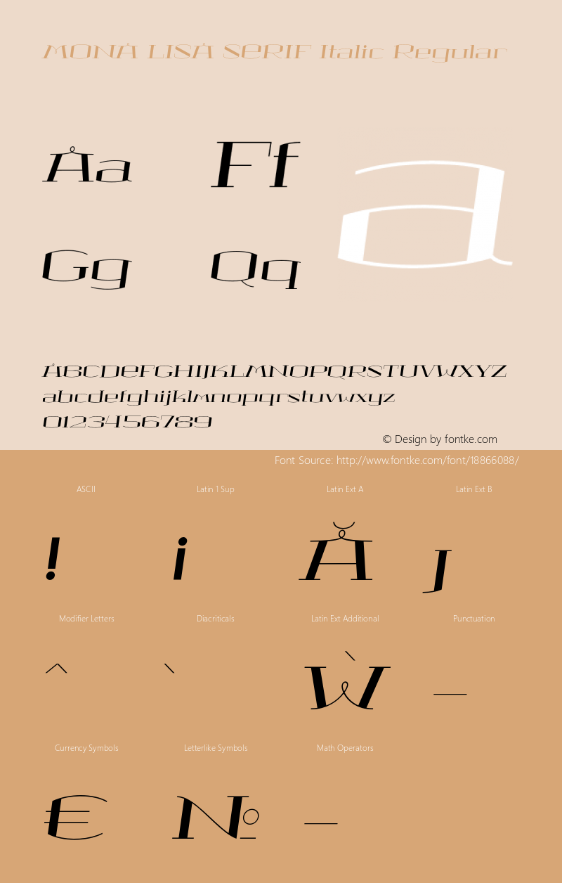 MONA LISA SERIF Italic Regular Version 1.000;PS 001.000;hotconv 1.0.88;makeotf.lib2.5.64775 Font Sample