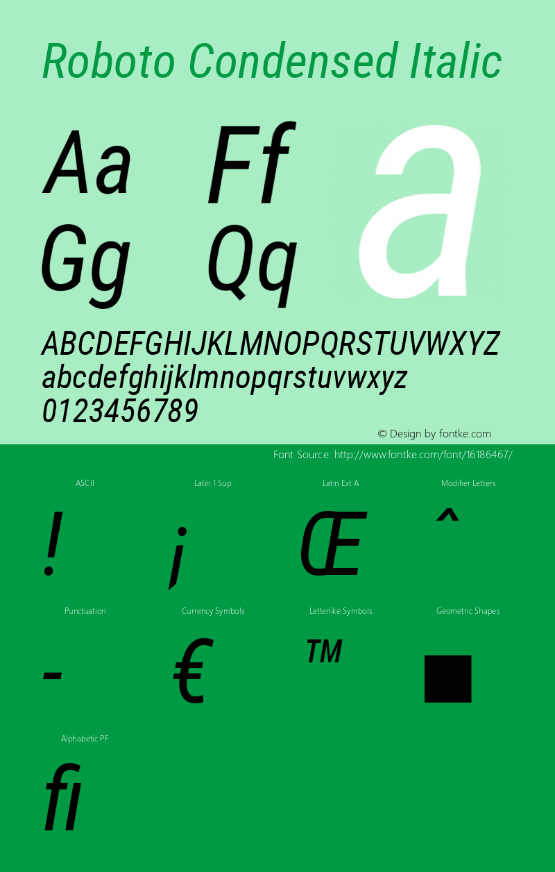 Roboto Condensed Italic Version 2.000980; 2014 Font Sample