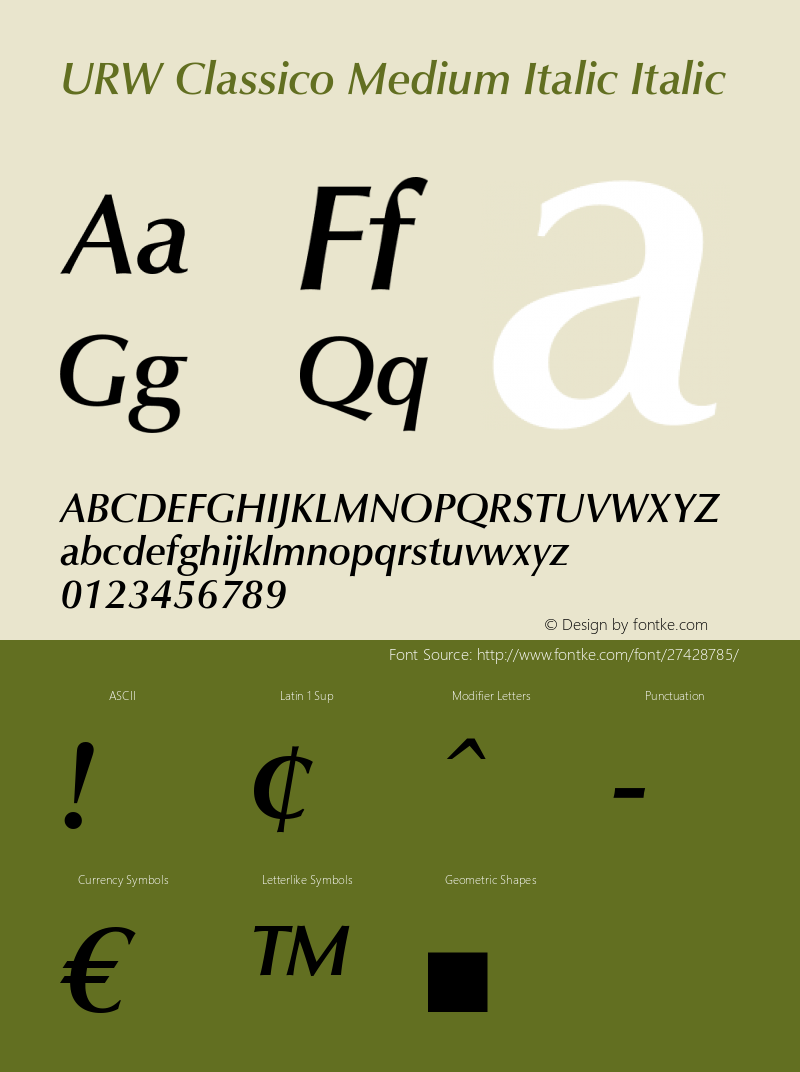 URW Classico Medium Italic URW Version 1.000;PS 1.00;hotconv 1.0.57;makeotf.lib2.0.21895 Font Sample