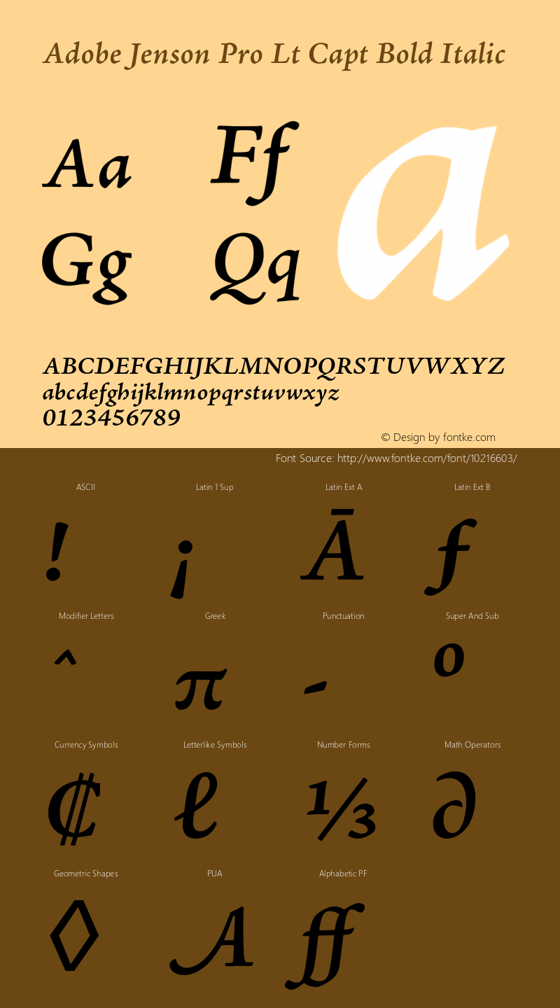 Adobe Jenson Pro Lt Capt Bold Italic Version 2.025;PS 2.000;hotconv 1.0.51;makeotf.lib2.0.18671 Font Sample