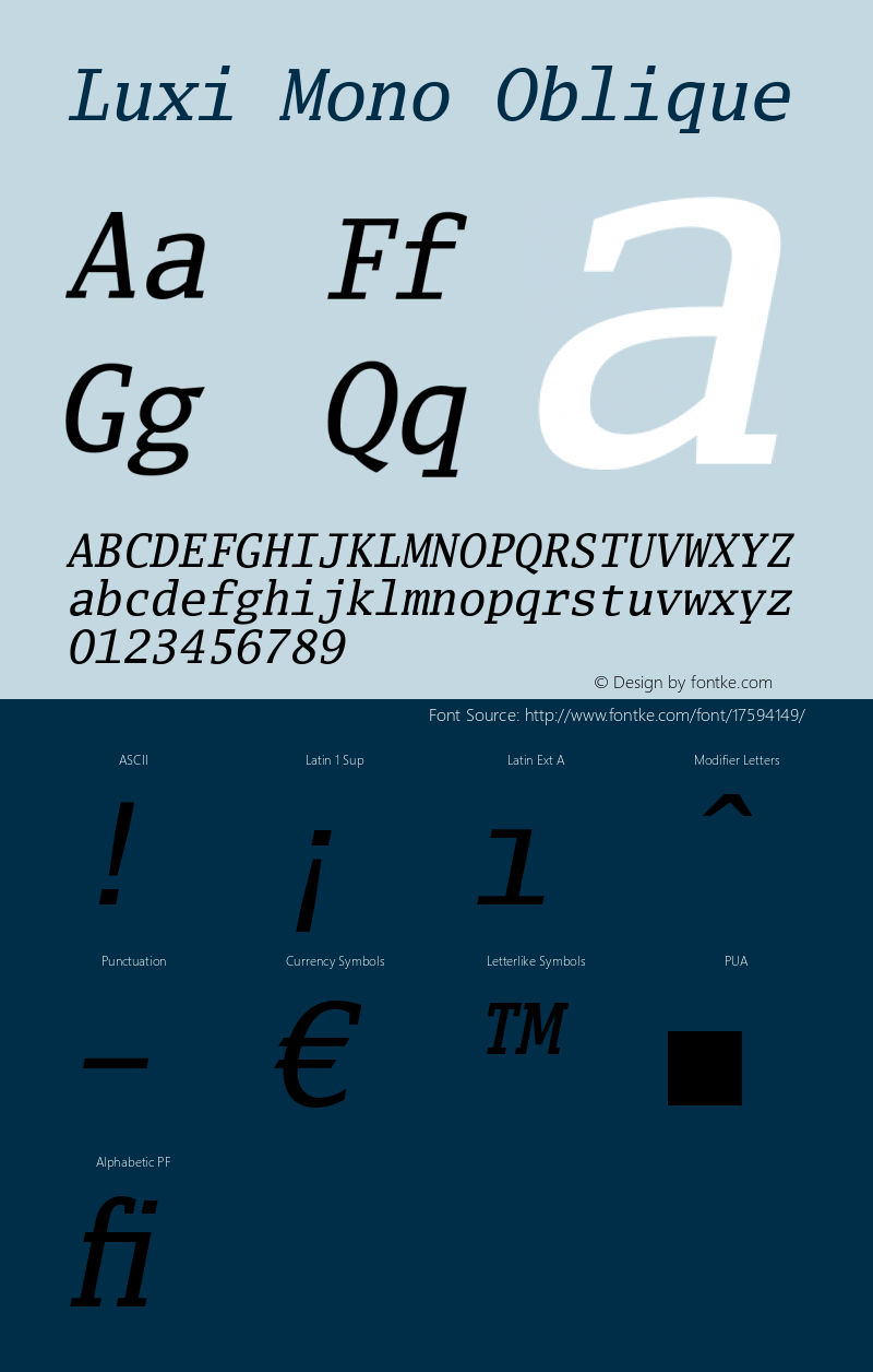 Luxi Mono Oblique 1.2  October 12, 2001 Font Sample