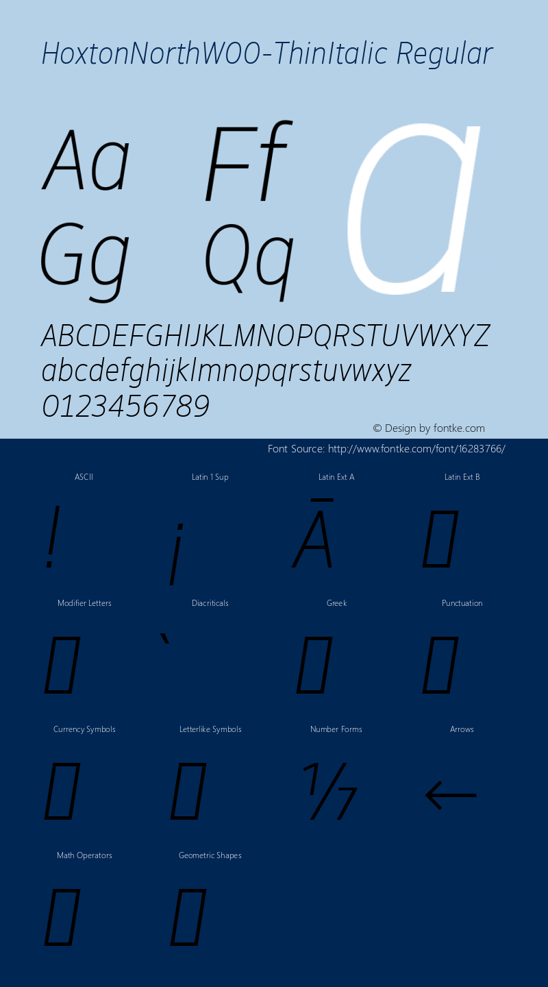 HoxtonNorthW00-ThinItalic Regular Version 1.20 Font Sample