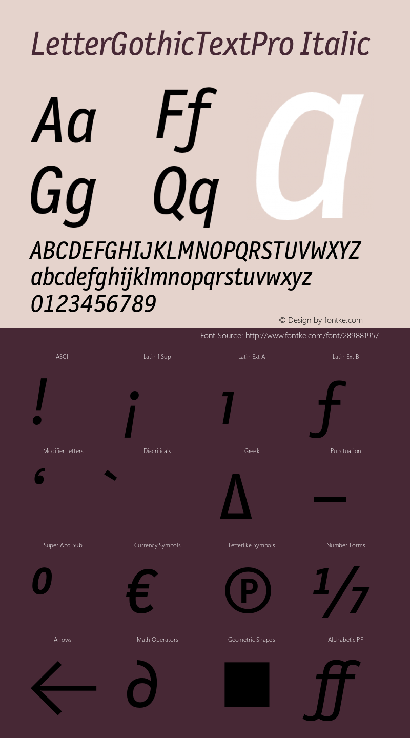 LetterGothicTextPro-Italic Version 7.504 Font Sample