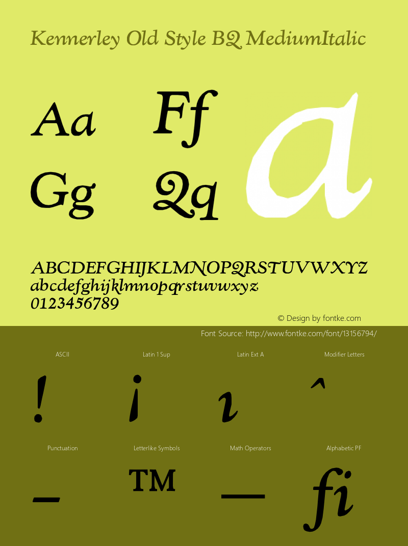 Kennerley Old Style BQ MediumItalic Version 001.000 Font Sample