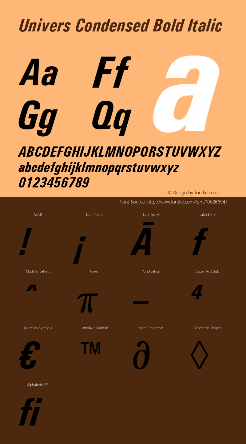 Univers Condensed Bold Italic Version 1.3 (Hewlett-Packard) Font Sample