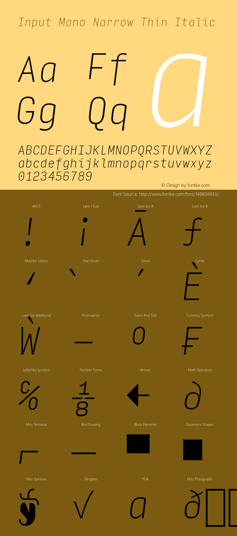 InputMonoNarrow ThinIta Version 0.000;PS 0.0;hotconv 1.0.72;makeotf.lib2.5.5900; ttfautohint (v0.9) Font Sample