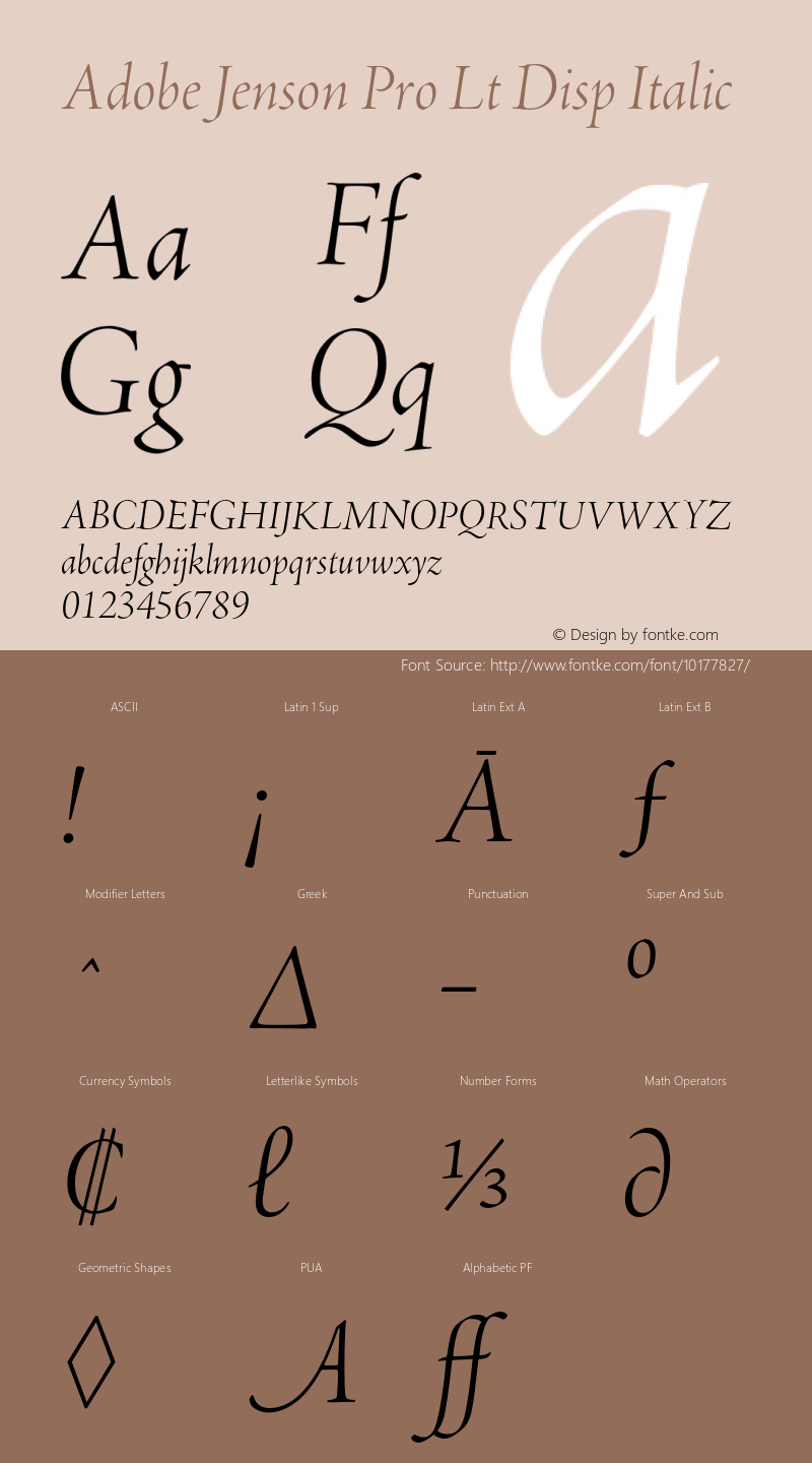 Adobe Jenson Pro Lt Disp Italic OTF 1.013;PS 001.000;Core 1.0.27;makeotf.lib(1.11) Font Sample