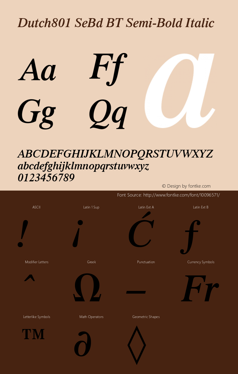 Dutch801 SeBd BT Semi-Bold Italic Version 2.001 mfgpctt 4.4 Font Sample