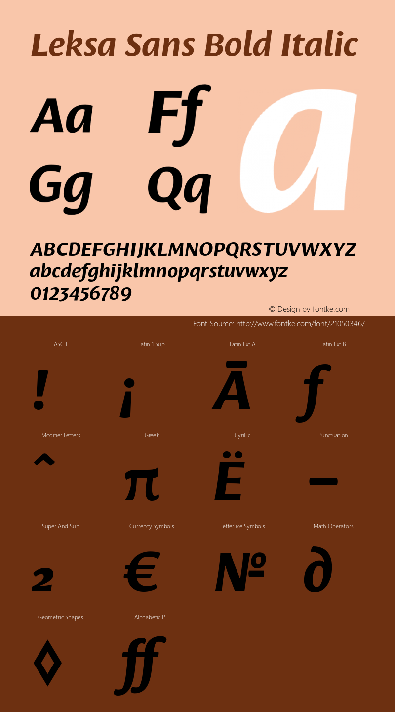 Leksa Sans Bold Italic Version 1.000 2009 initial release; Fonts for Free; vk.com/fontsforfree Font Sample