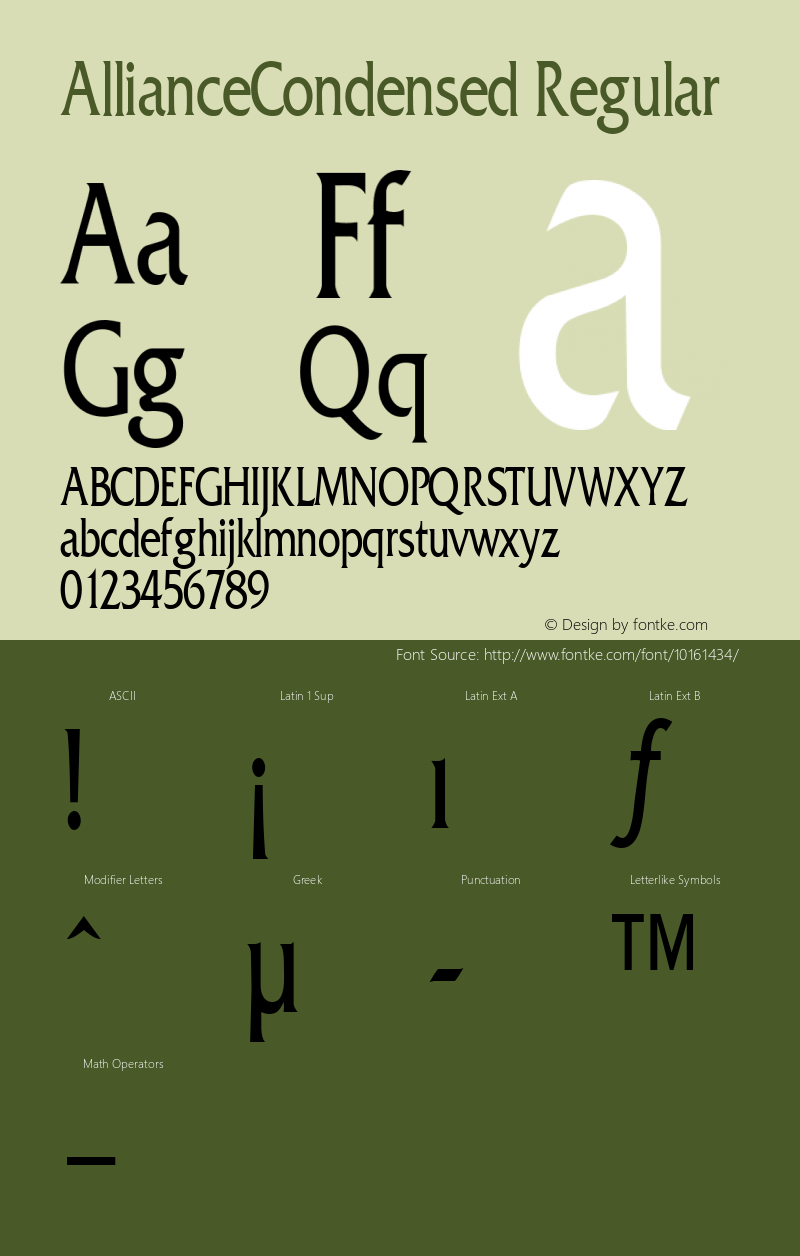 AllianceCondensed Regular Rev. 003.000 Font Sample