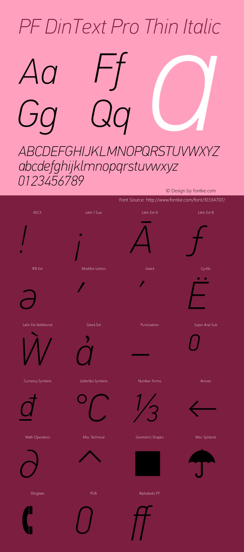 PF DinText Pro Thin Italic Version 2.005 2005 Font Sample