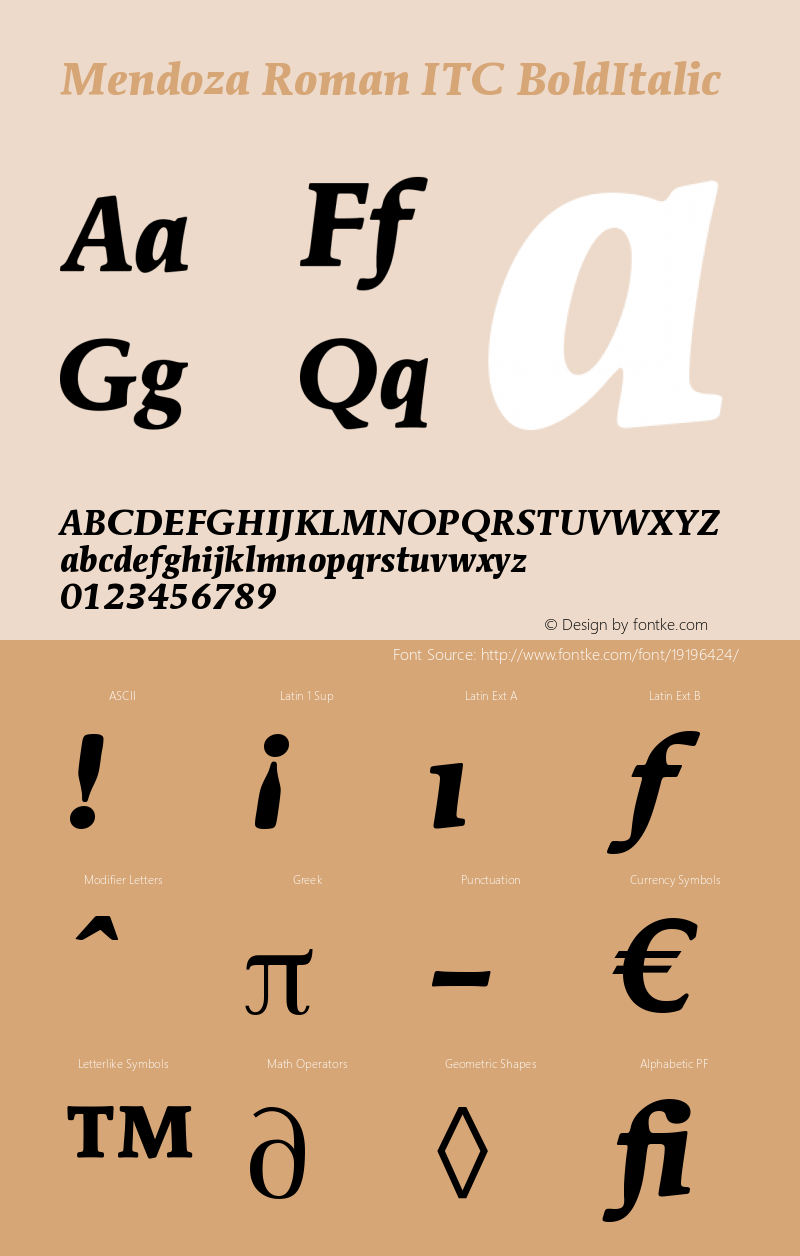 Mendoza Roman ITC Bold Italic Version 005.000 Font Sample