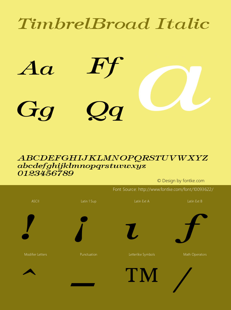 TimbrelBroad Italic The IMSI MasterFonts Collection, tm 1995, 1996 IMSI (International Microcomputer Software Inc.) Font Sample