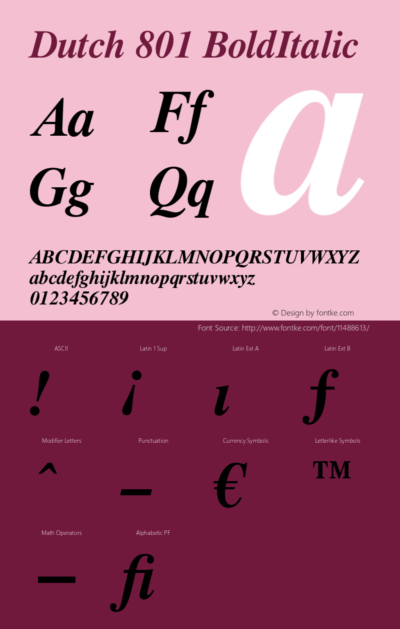 Dutch 801 BoldItalic Version 003.001 Font Sample