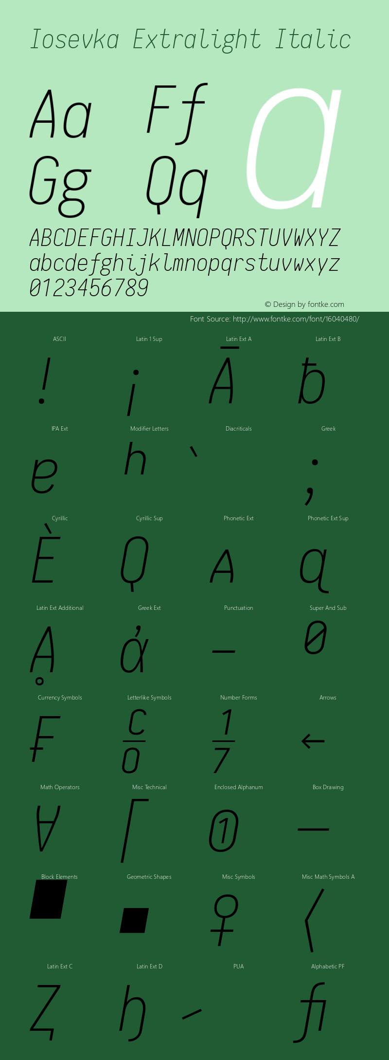 Iosevka Extralight Italic 1.6.0; ttfautohint (v1.4.1) Font Sample