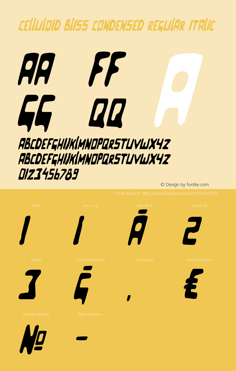 Celluloid Bliss Condensed Regular Italic Version 1.001 Font Sample