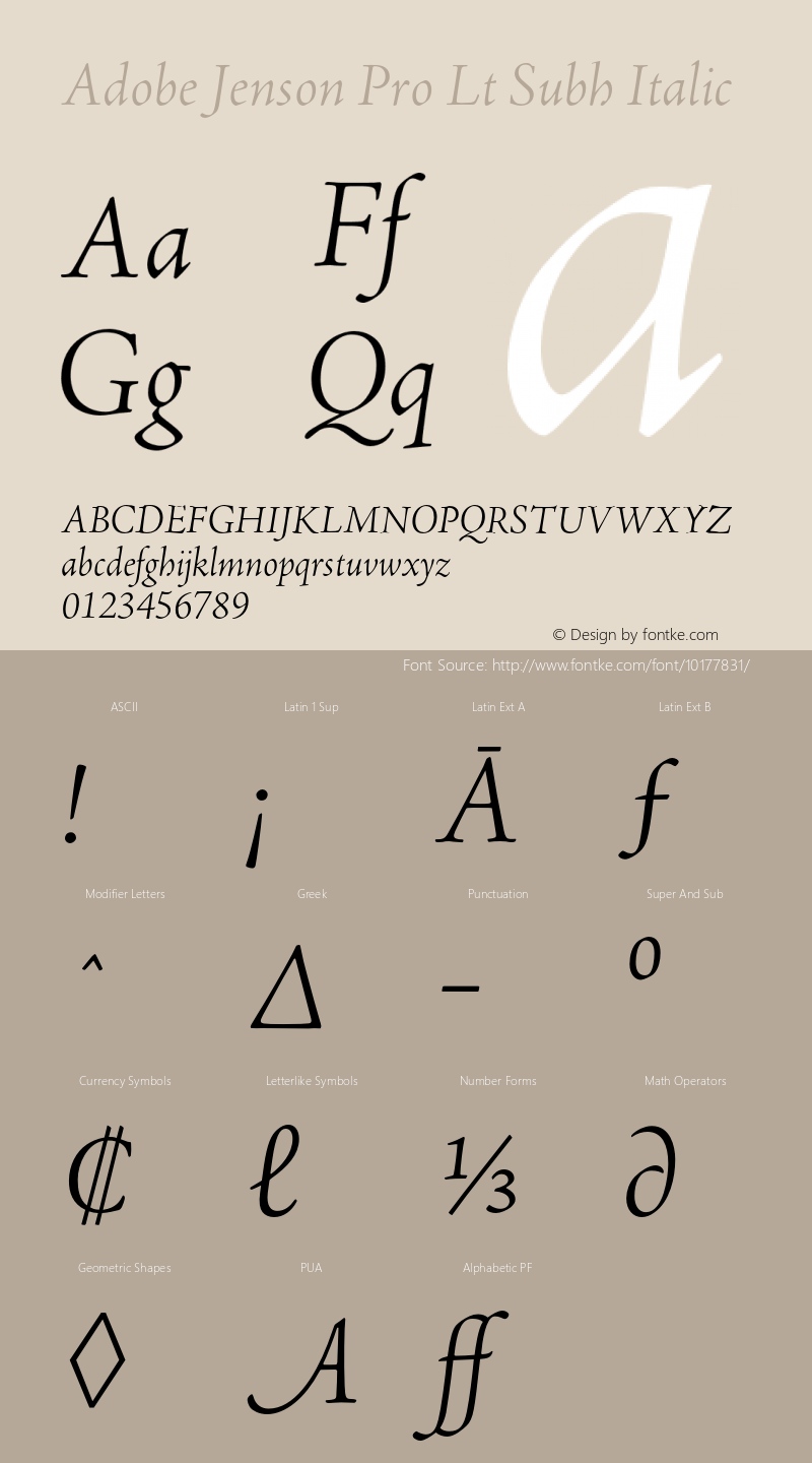 Adobe Jenson Pro Lt Subh Italic OTF 1.013;PS 001.000;Core 1.0.27;makeotf.lib(1.11) Font Sample