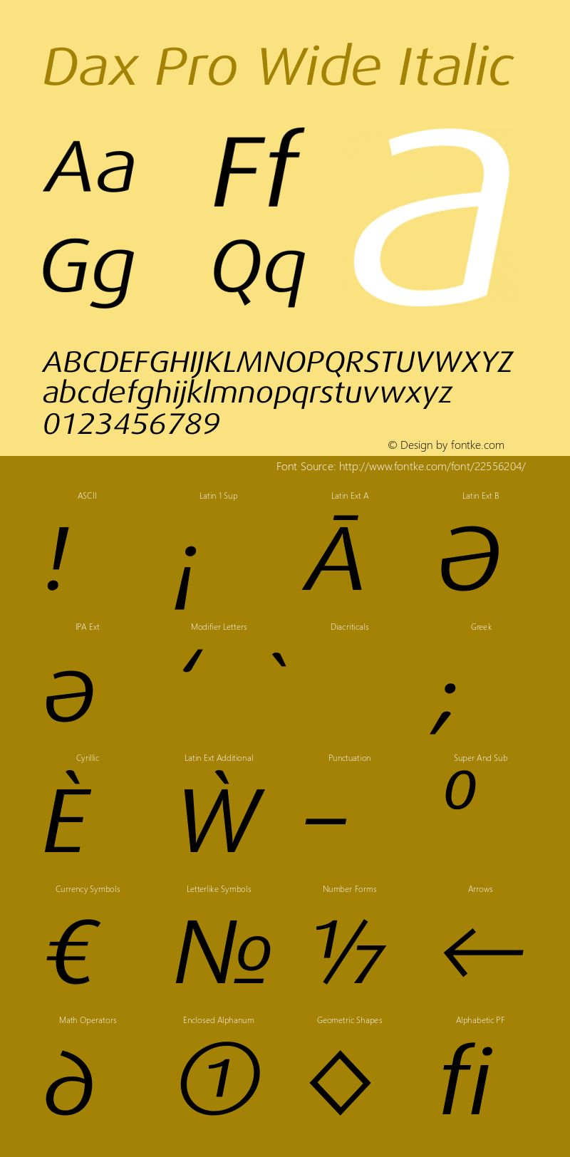Dax Pro Wide Italic Version 7.504 Font Sample