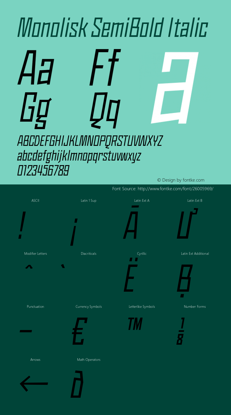 Monolisk SemiBold Italic Version 1.560;PS 001.560;hotconv 1.0.88;makeotf.lib2.5.64775 Font Sample