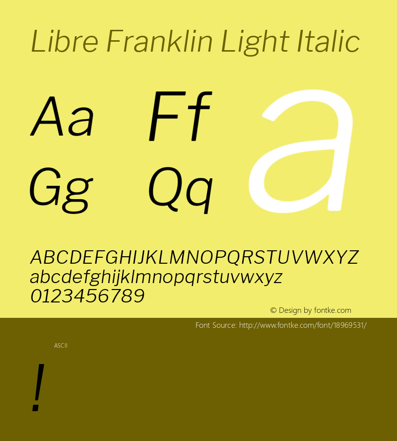 Libre Franklin Light Italic Version 1.003;PS 001.003;hotconv 1.0.88;makeotf.lib2.5.64775; ttfautohint (v1.4.1) Font Sample