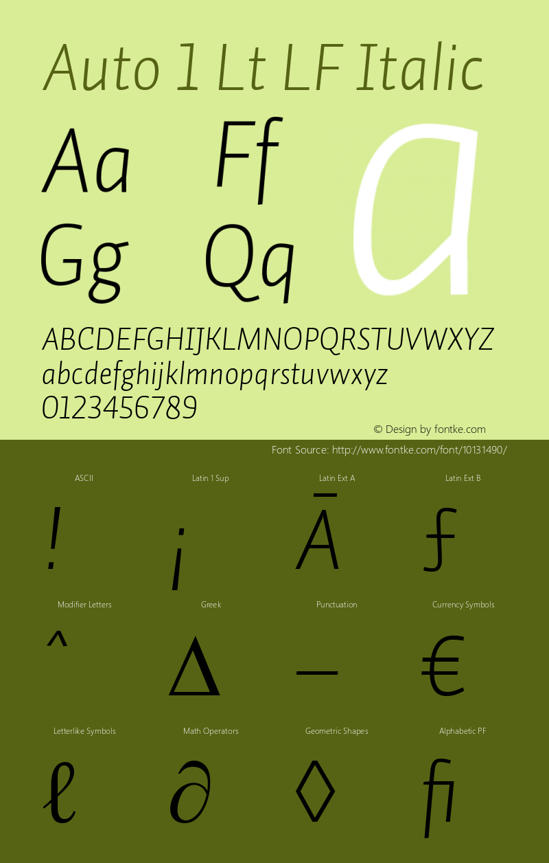 Auto 1 Lt LF Italic Version 1.110;PS 001.110;hotconv 1.0.38;2004 Font Sample