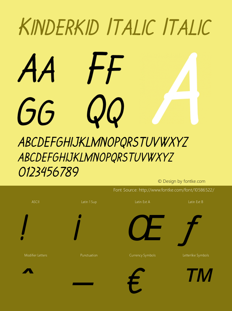 Kinderkid Italic Italic Version 1.000 Font Sample