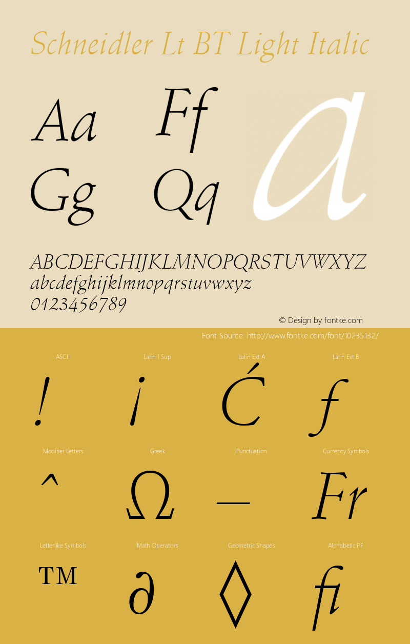 Schneidler Lt BT Light Italic Version 1.01 emb4-OT Font Sample