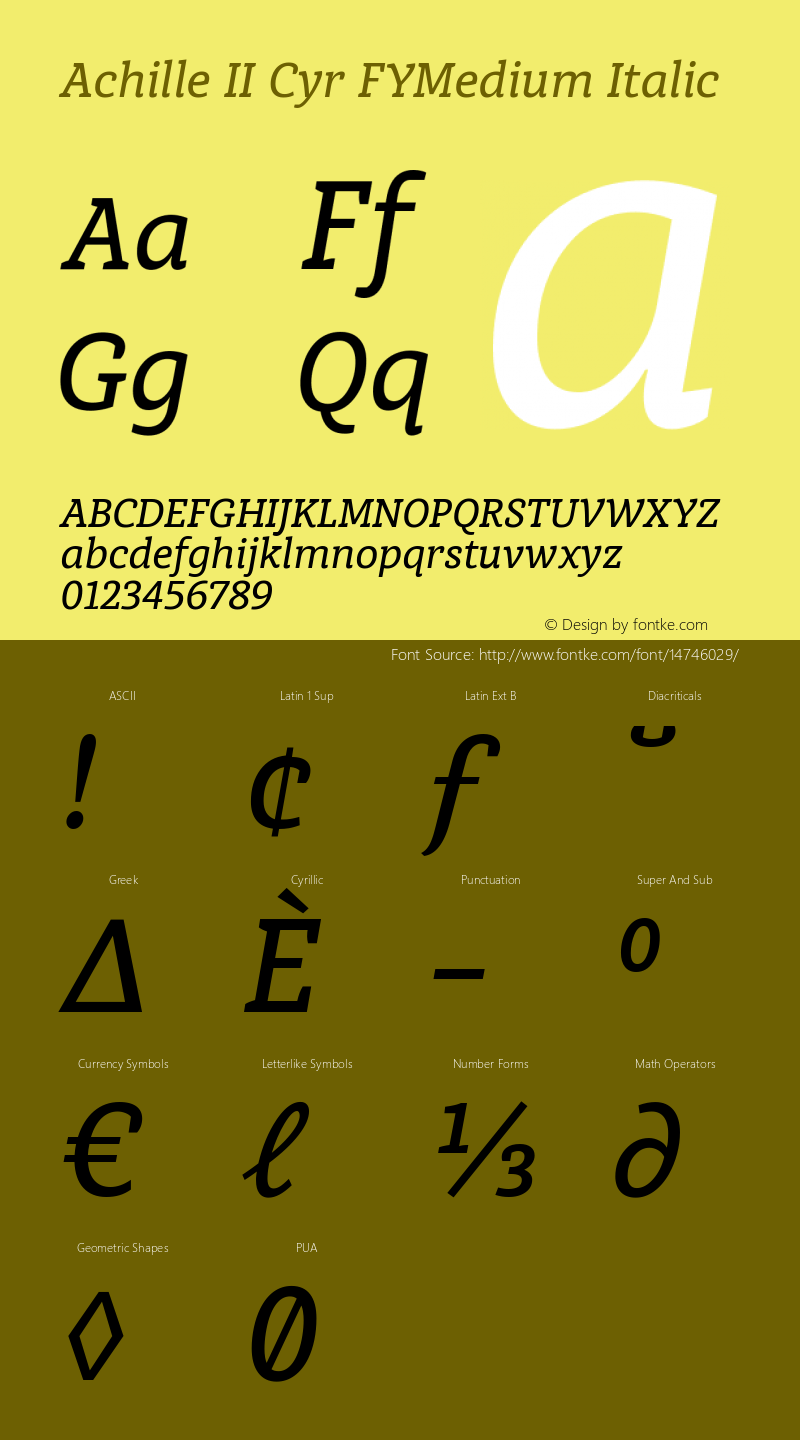 Achille II Cyr FYMedium Italic Version 0.000;PS 0.0;hotconv 1.0.72;makeotf.lib2.5.5900 Font Sample