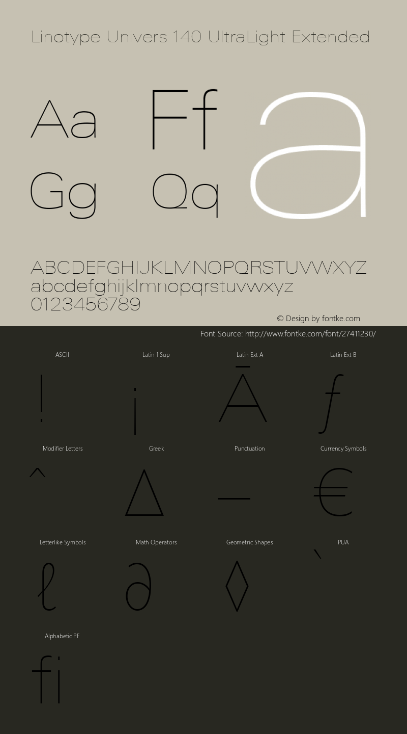 Linotype Univers 140 Ultra Light Extended Version 1.31 Font Sample