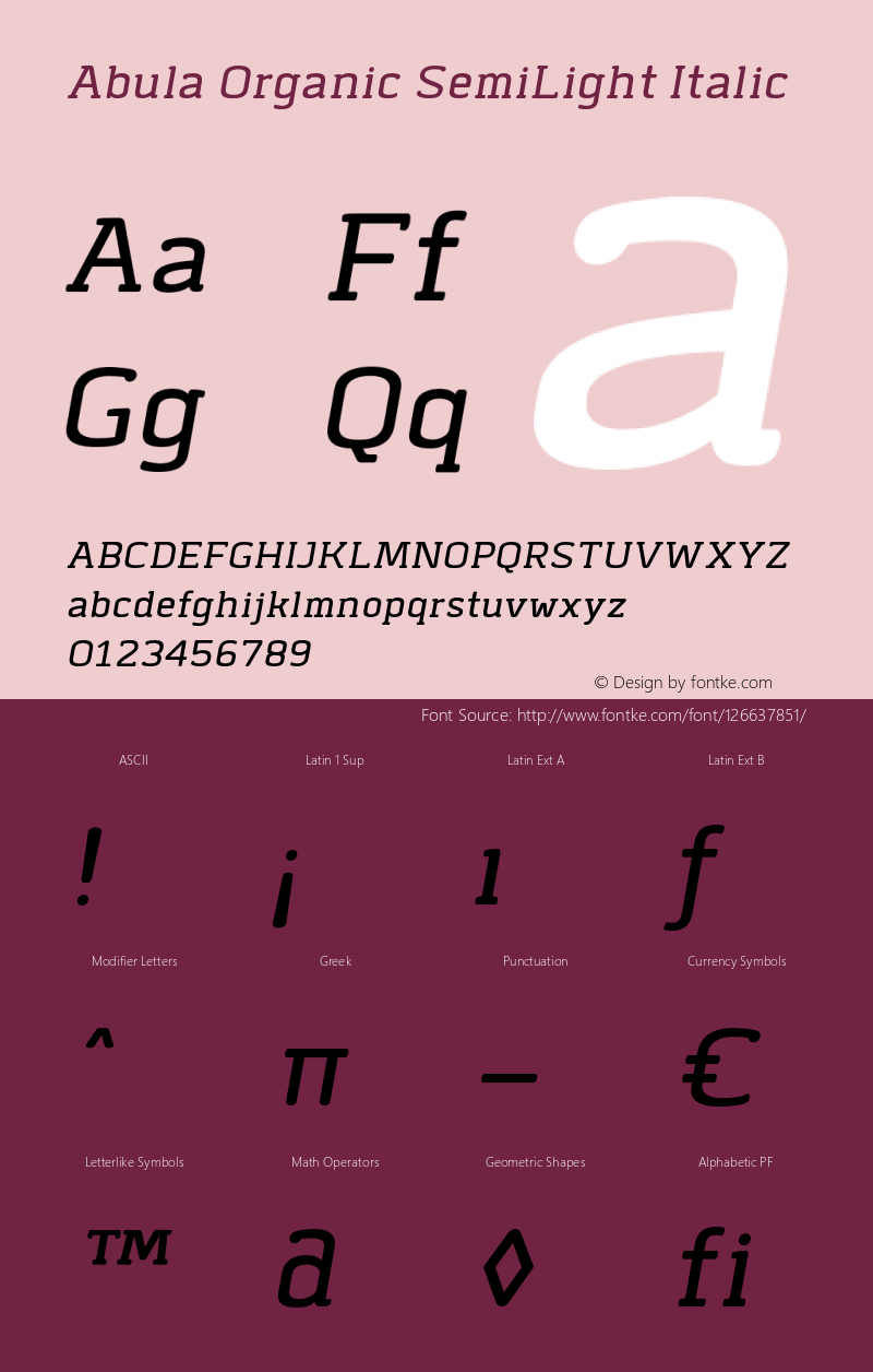 AbulaOrganic-SemiLightItalic Version 1.000 Font Sample