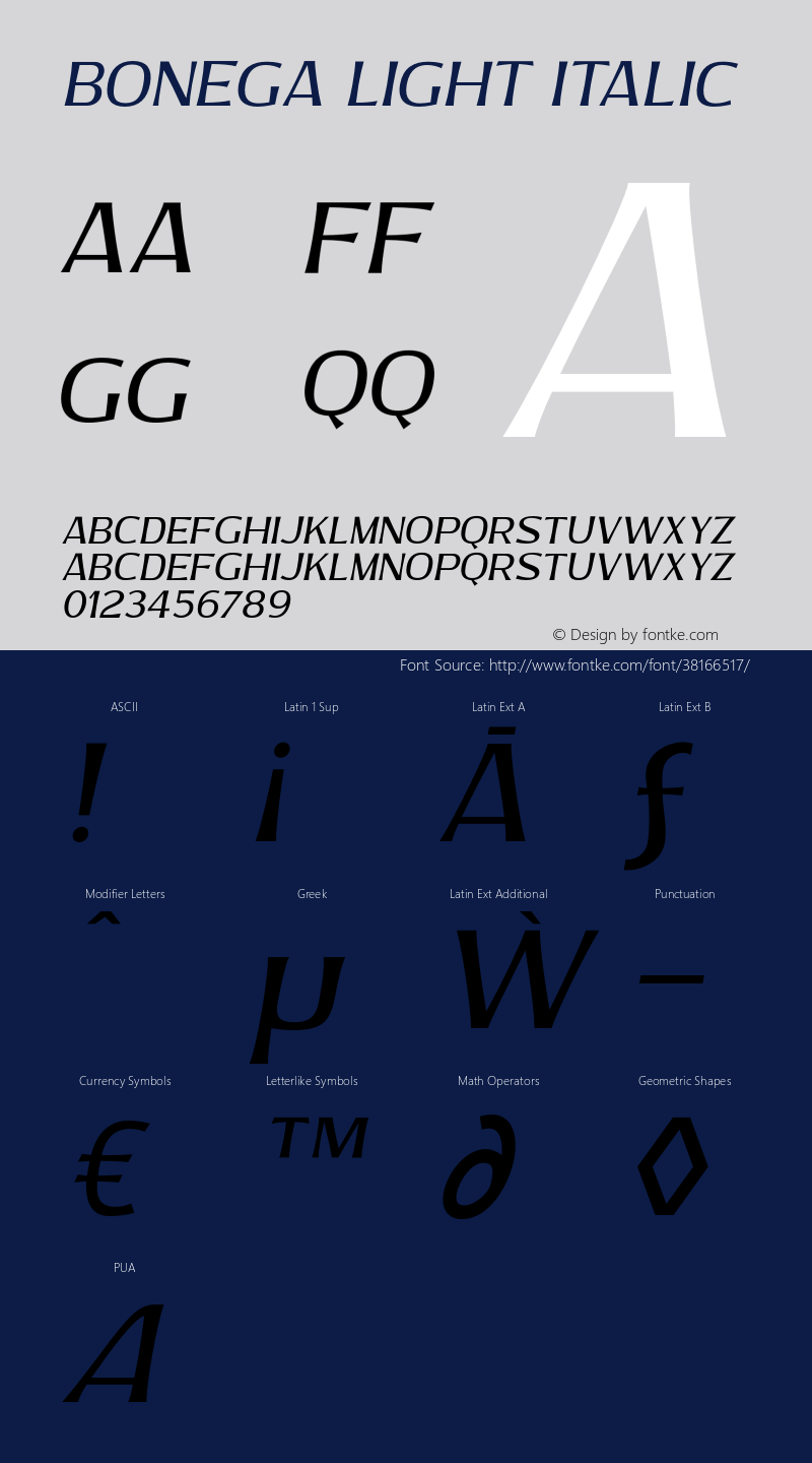 Bonega-LightItalic Version 1.000 Font Sample