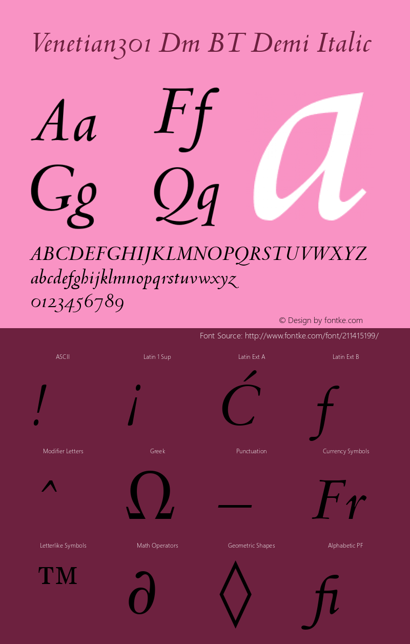 Venetian301 Dm BT Demi Italic Version 1.01 emb4-OT图片样张