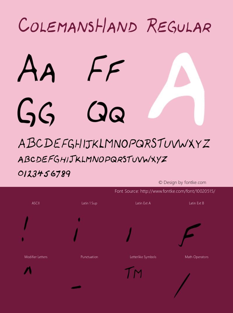 ColemansHand Regular Copyright (c)1996 Expert Software, Inc. Font Sample