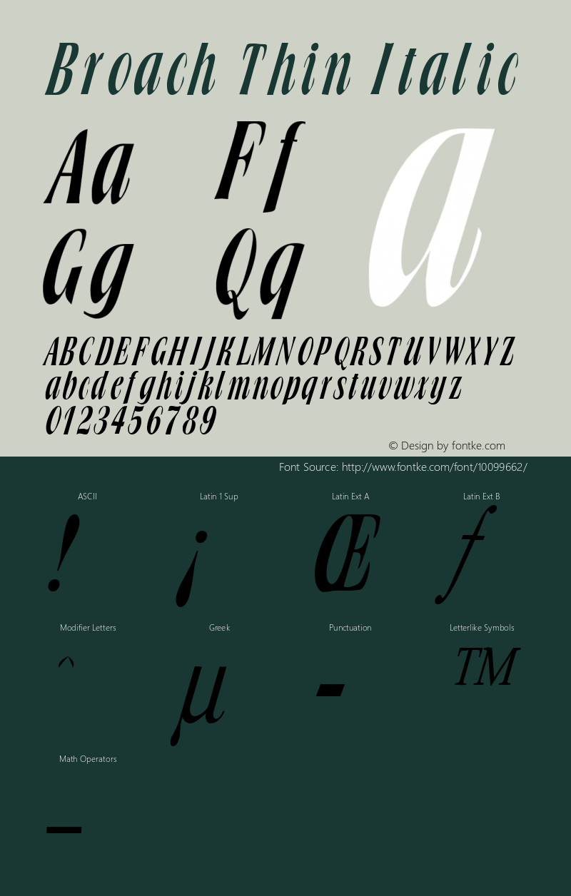 Broach Thin Italic Altsys Fontographer 4.1 1/30/95 Font Sample