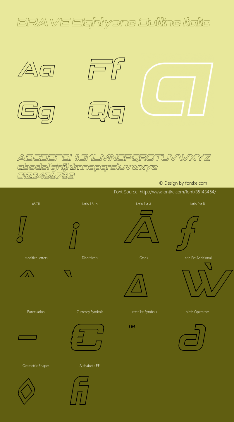 BRAVE Eightyone Outline Italic Version 1.000;hotconv 1.0.109;makeotfexe 2.5.65596 Font Sample