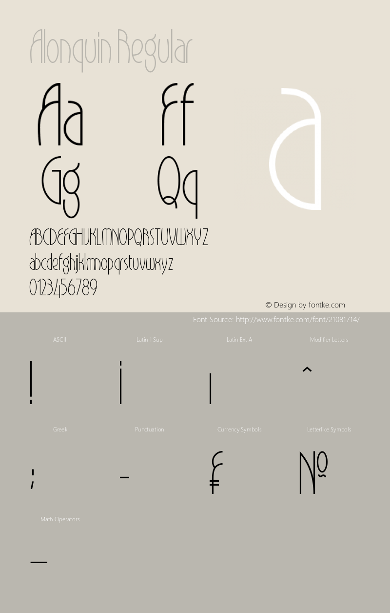 Alonquin Version 1.00 July 2, 2016, initial release Font Sample