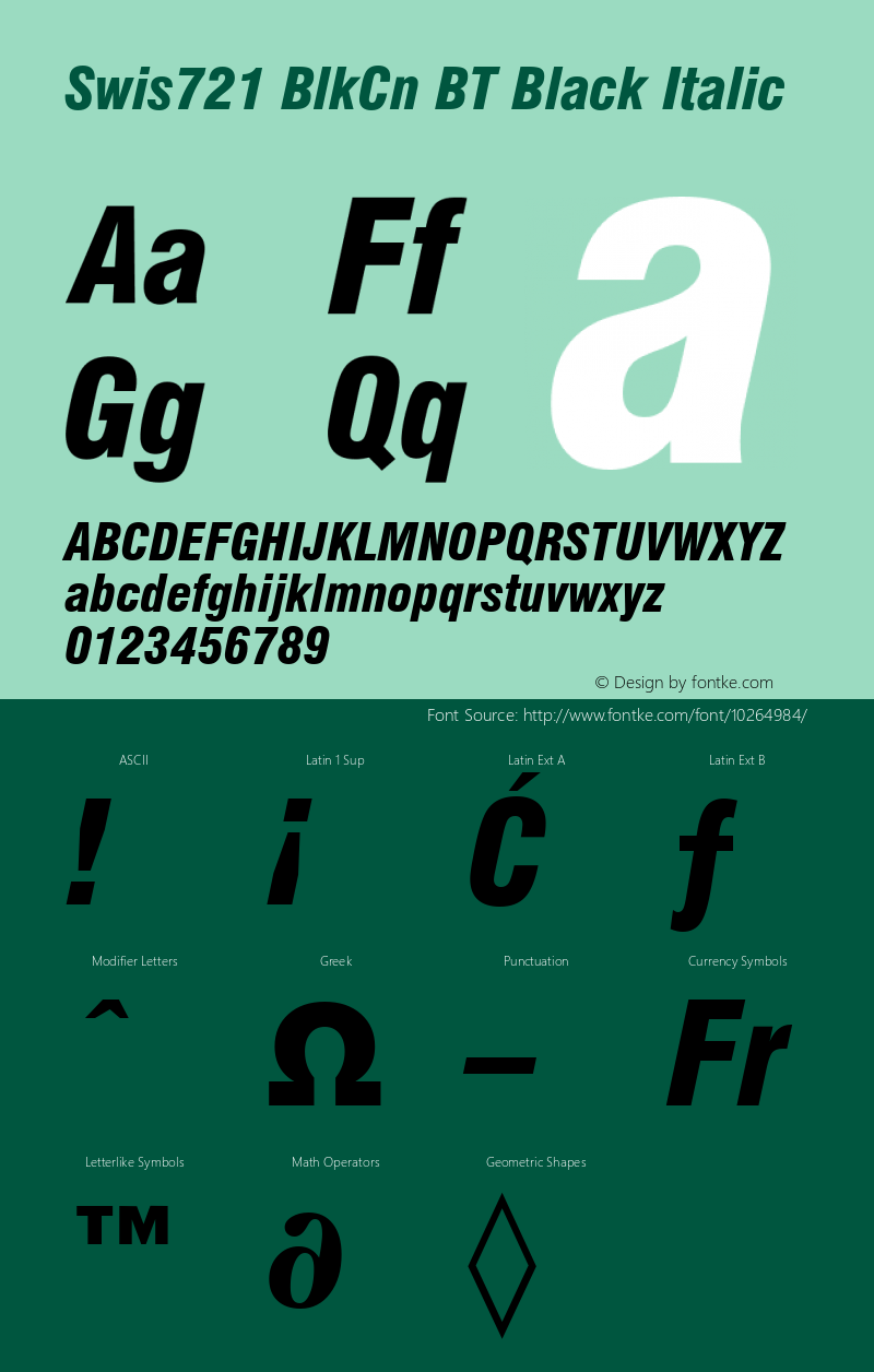 Swis721 BlkCn BT Black Italic mfgpctt-v1.50 Thursday, December 31, 1992 10:56:29 am (EST) Font Sample