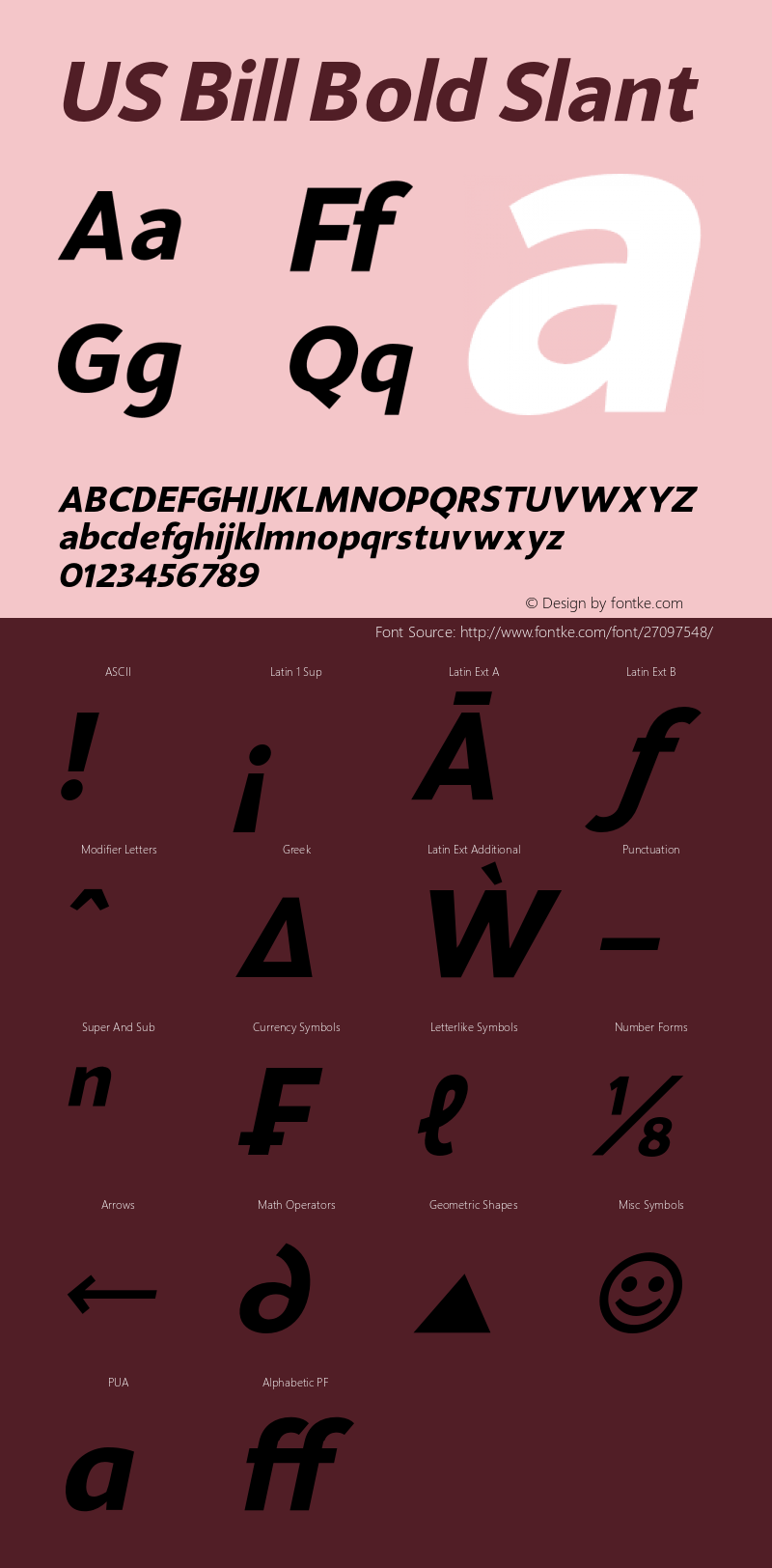 US Bill Bold Slant Version Version 1.000 Font Sample