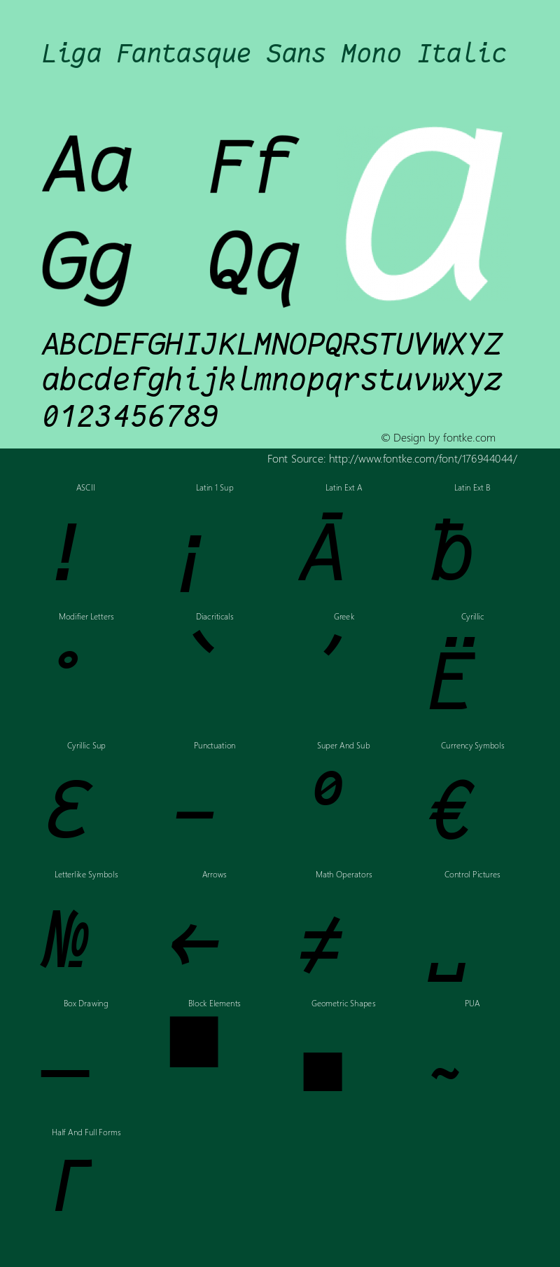 Liga Fantasque Sans Mono Italic Version 1.8.0 ; ttfautohint (v1.8.2)图片样张