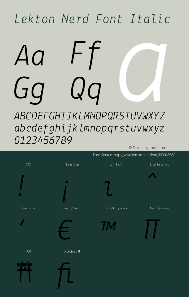 Lekton Nerd Font Italic Version 3.000 Font Sample