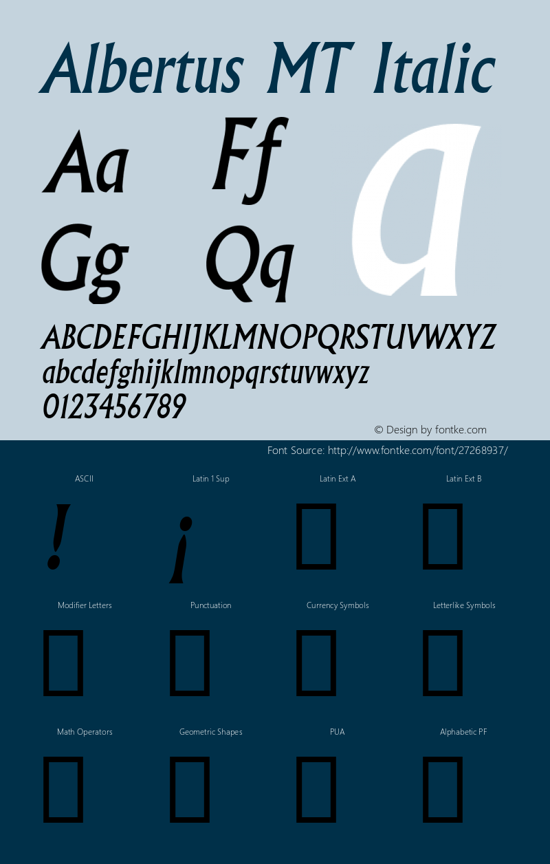Albertus MT Italic Version 2.0 - June 27, 1995 Font Sample