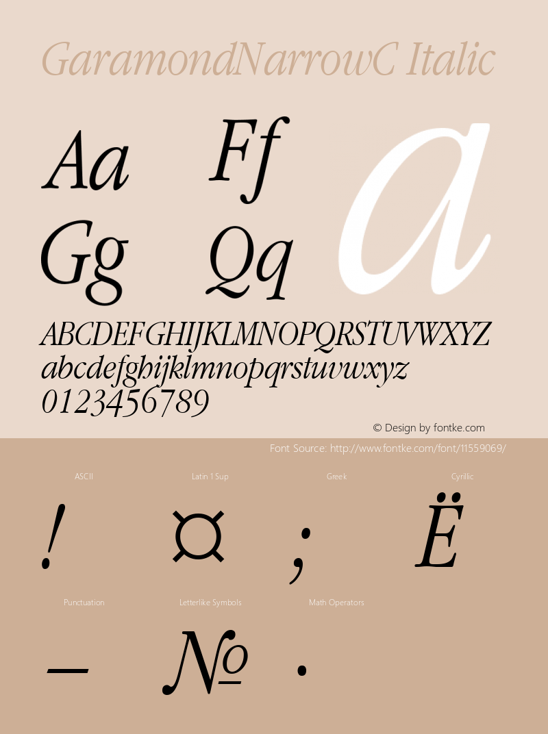 GaramondNarrowC Italic Version 001.000 Font Sample