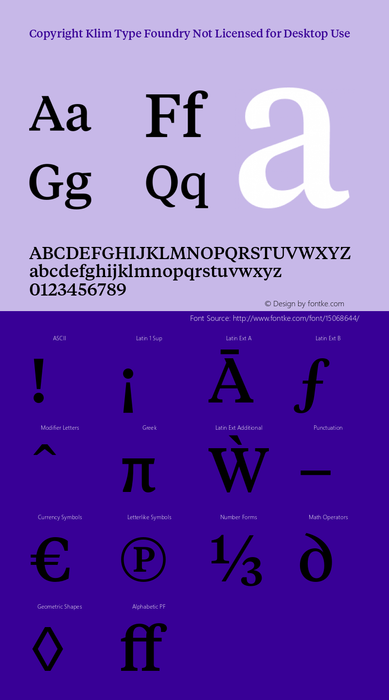 Copyright Klim Type Foundry Not Licensed for Desktop Use Version 1.001;PS 1.000;hotconv 1.0.57;makeotf.lib2.0.21895 Font Sample