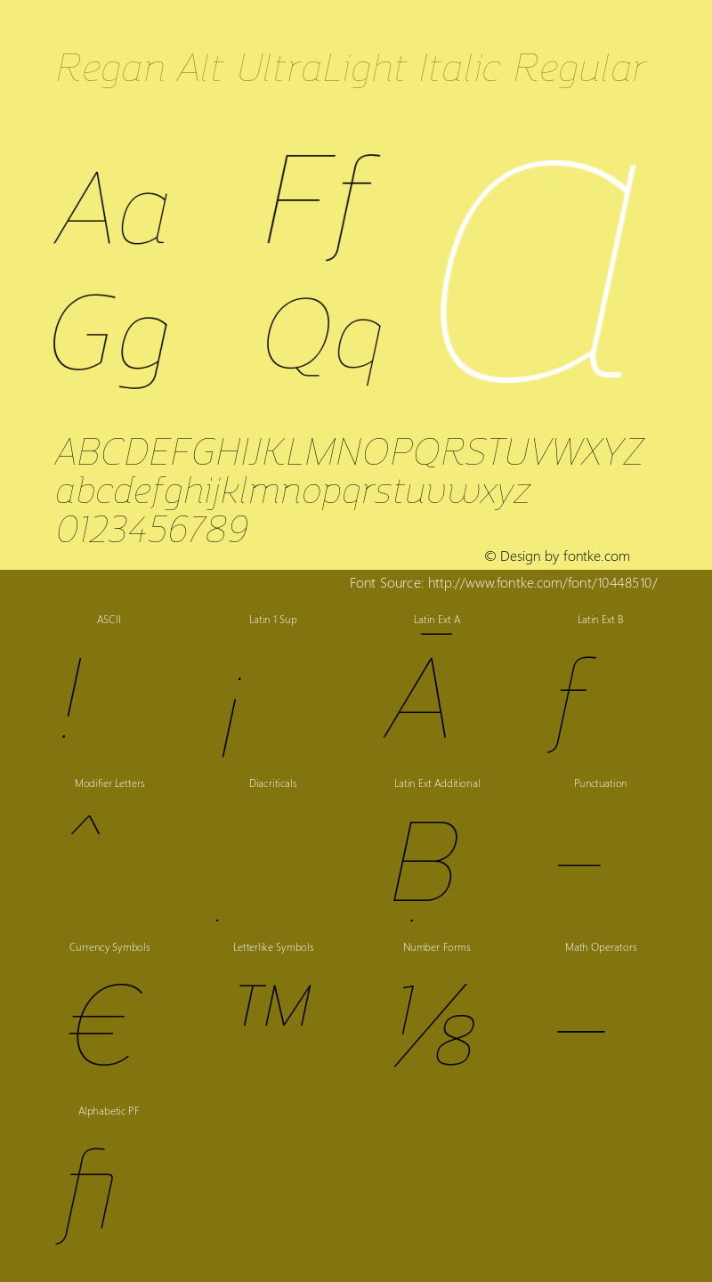 Regan Alt UltraLight Italic Regular Version 1.001;PS 001.001;hotconv 1.0.70;makeotf.lib2.5.58329 Font Sample