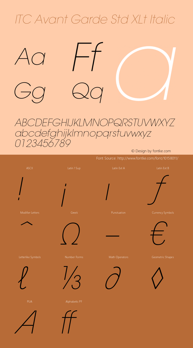 ITC Avant Garde Std XLt Italic Version 1.000;PS 001.000;hotconv 1.0.38 Font Sample