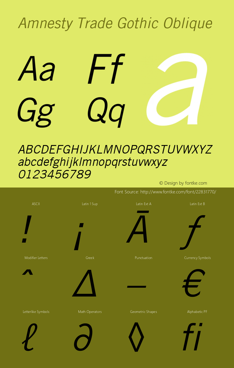 AmnestyTradeGothic-Oblique Version 1.001 Font Sample