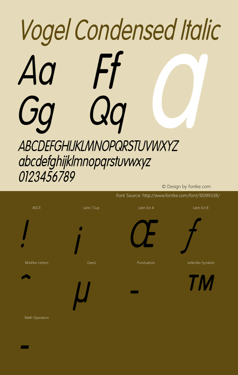 Vogel Condensed Italic Altsys Fontographer 4.1 1/10/95 Font Sample