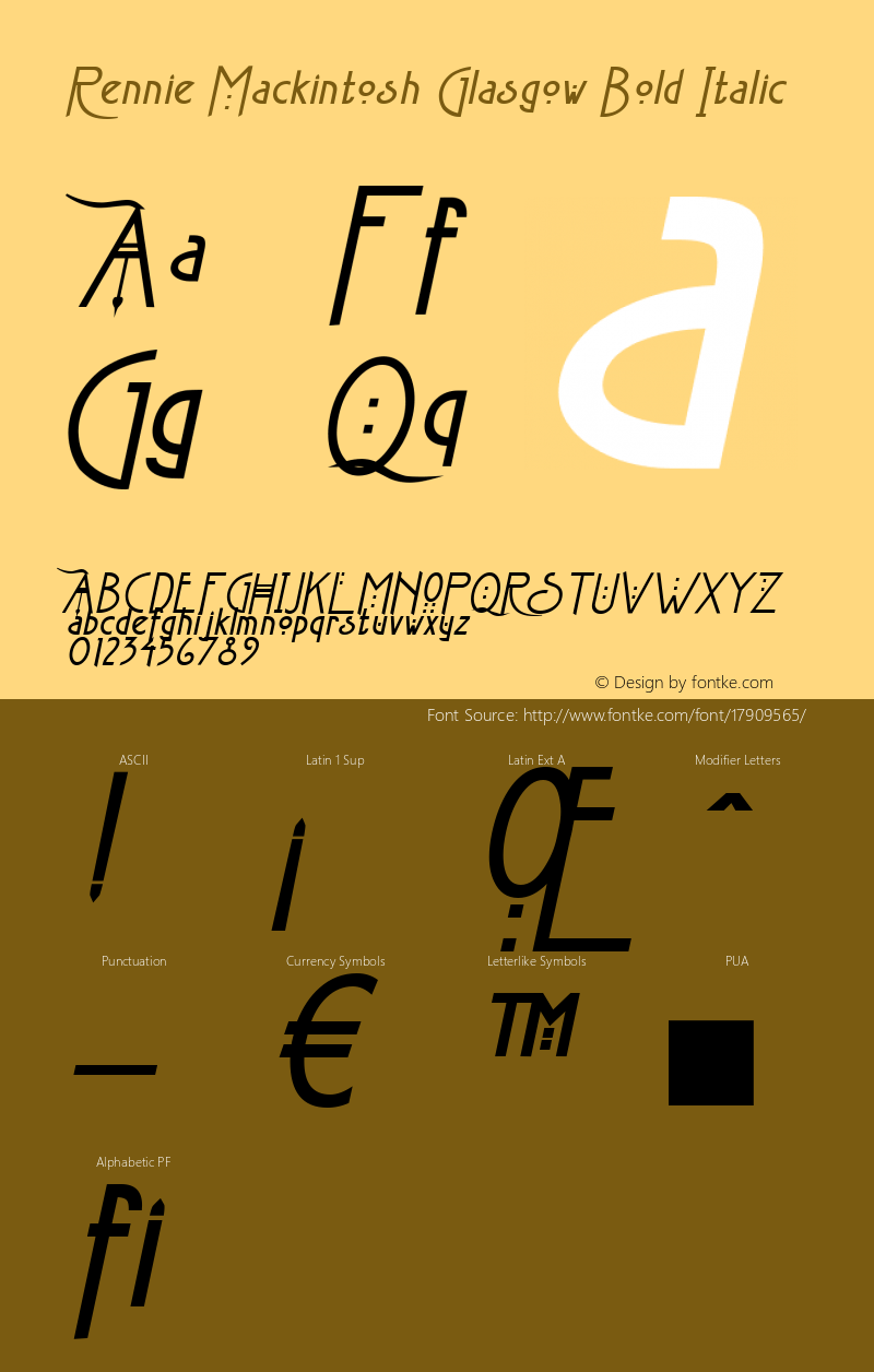 Rennie Mackintosh Glasgow Bold Italic Version 1.01 Font Sample